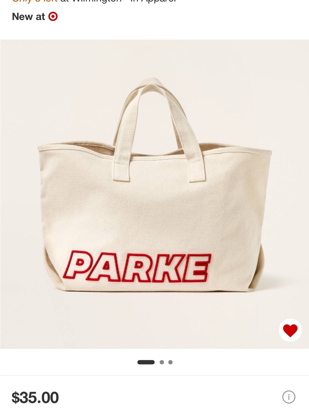 Can ship asap - Large PARKE Cream Canvas Tote with Red Logo